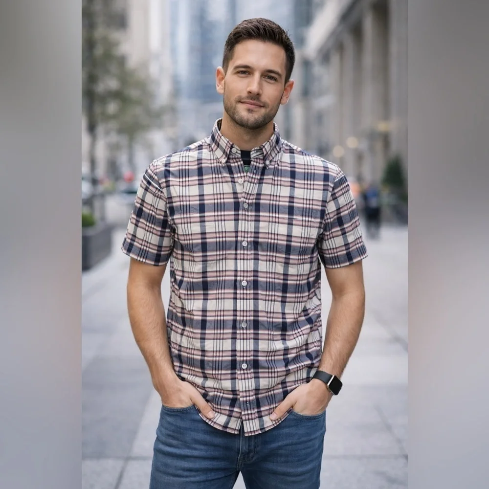 J.CREW men’s plaid blue pink button up short sleep shirt gray lined collar - M